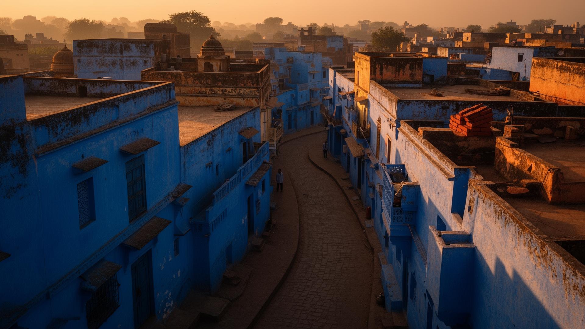 Sandstone palace courtyard with Mughal arches at golden hour